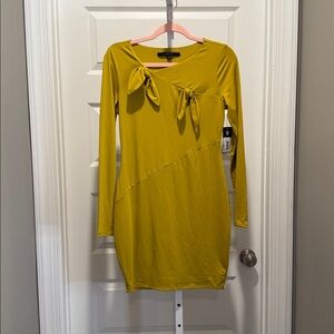 Guess Mustard Yellow Tie Front Dress‎ Size S NWT Long Sleeve Modern Chic